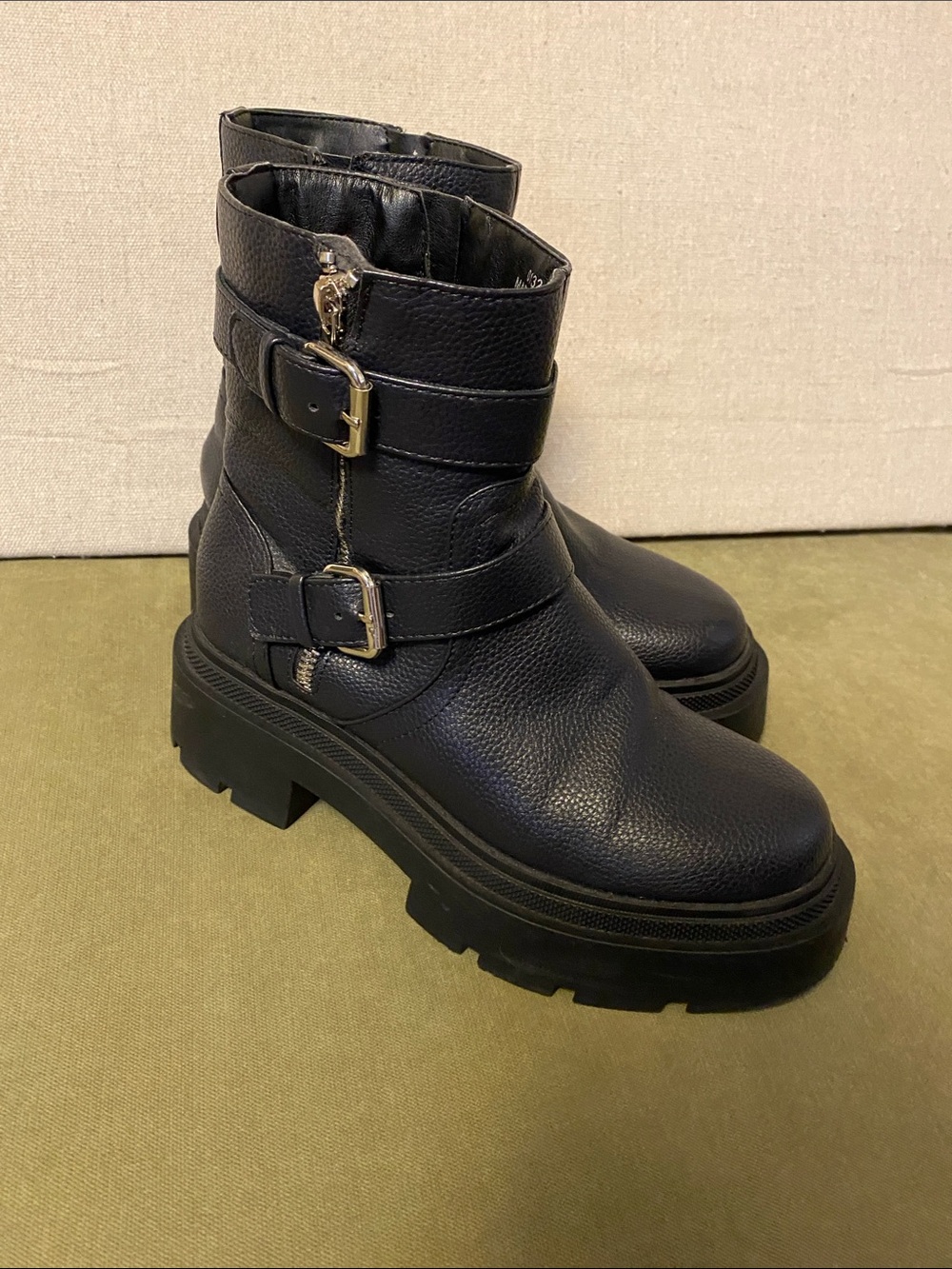 Forever 21 Black Chunky Lug Buckle Ankle Boots